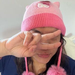 HELLO KITTY Pink Fur Pom Toque Hat Sanrio Patch Woolen Knit Kawaii Beanie Ear S
